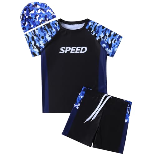 Hotfiary Boys Swimming Costume, Big Kids Swim Trunks & Short Sleeve Rash Guard Shirt & Swim Cap, Two Piece Swimsuit T-Shirt Short Set, Summer Bathing Suit Swimwear for 6 7 8 9 10 11 12 13 14 15 Years