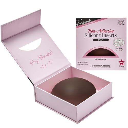 Hollywood Fashion Secrets Non-Adhesive Silicone Inserts Nipple Cover with Storage Pouch - Ultra-Thin, Reusable Nipple Covers for Women, No-Show Coverage, Deep Tone