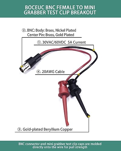 Image of BNC Test Leads, BNC to Mini Grabber Test Clip, Test Lead Breakout Cable for Multimeter, 5A Current Rating, 2 Pack