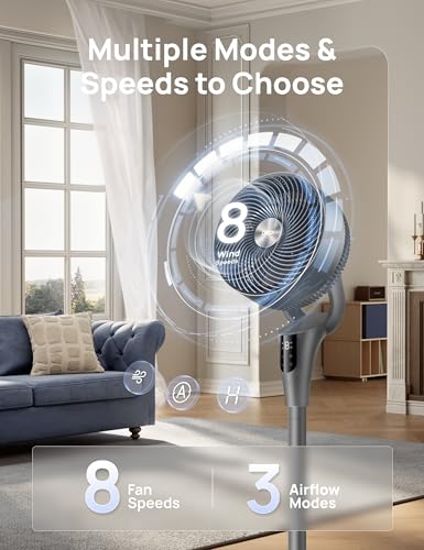 Image of DREO Fan for Bedroom, 2026 Upgraded, 90ft Airflow, 20dB Quiet Fan, 90 Oscillating Standing Fan for Whole Room, DC Motor, 8+H Speeds, 3 Modes, 38-42'' Adjustable Height, 8H Timer, 105 Manual Vertical