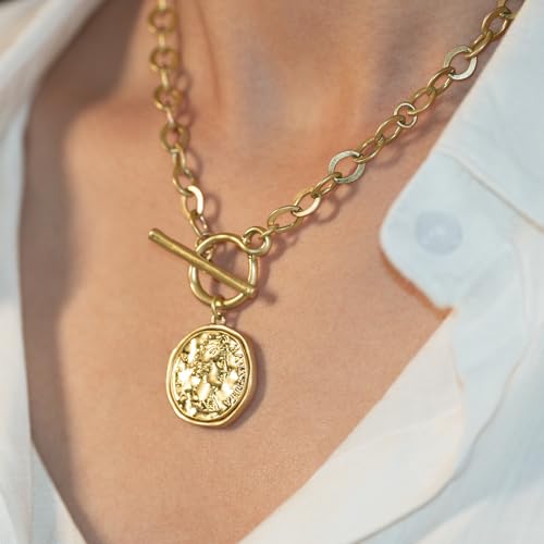 Chunky Gold Coin Pendant Necklace Trendy Layered Statement Chain for Women, Antique Toggle Design with Thick Link, Fashionable Necklaces for Women3