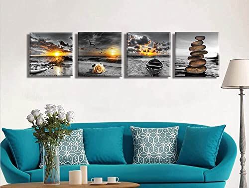 Yxbhhym Black And White Gold Beach Wall Art Ocean Canvas Seascape Prints Posters Zen Wall Art Sea Sunrise Scenery Wall Pictures Coastal Paintings For Bathroom Wall Art Framed -12"X12"Inches X 4 Pcs #TOP4