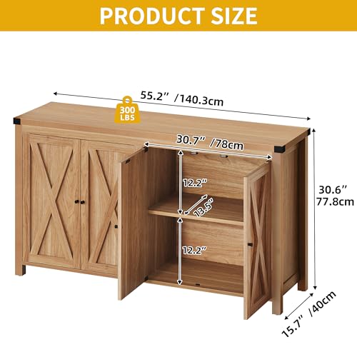 DWVO 55'' Sideboard Buffet Cabinet with Storage, Farmhouse Kitchen Storage Cabinet with Doors, Large Coffee Bar Cabinets with Adjustable Shelves for Kitchen, Living Room, Oak