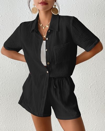 Bsubseach Womens 2 Piece Cover Ups Set Cotton Beach Short Sets Short Sleeve Button Down Shirt Shorts Resort Wear 2025 Black XXL2