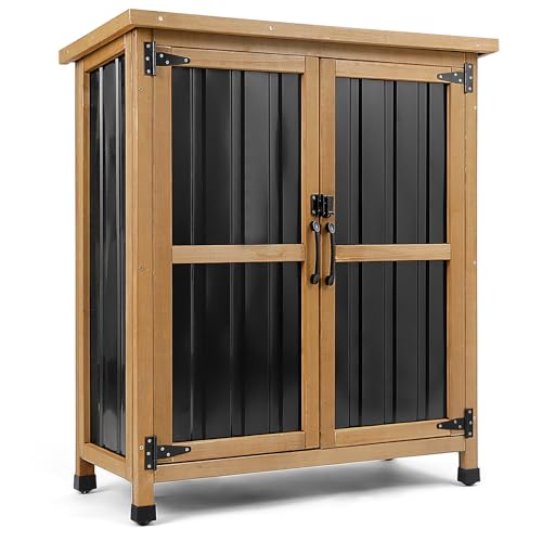 Weatherproof Outdoor Storage Cabinet with Lockable Doors, Wood & Metal Garden Storage Shed Patio Storage Box for Tools & Lawn Equipment, Pool Accessories