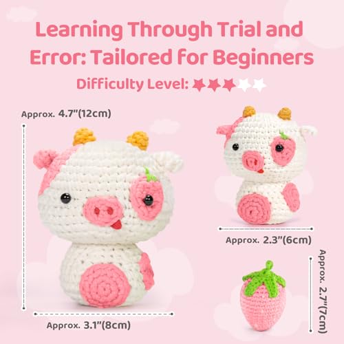 Image of Mewaii Crochet Kit for Beginners Level 3 with 40% Extra Eco-Friendly Pre-Started Easy Yarn, Step-by-Step Video Tutorials for Adults and Kids (Strawberry Cow)