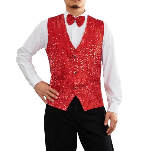 Mens Sequin Vests Dress Suit Vest Casual Shiny Waistcoat Bowtie Set with Pockets for Party Tuxedo Prom Wedding