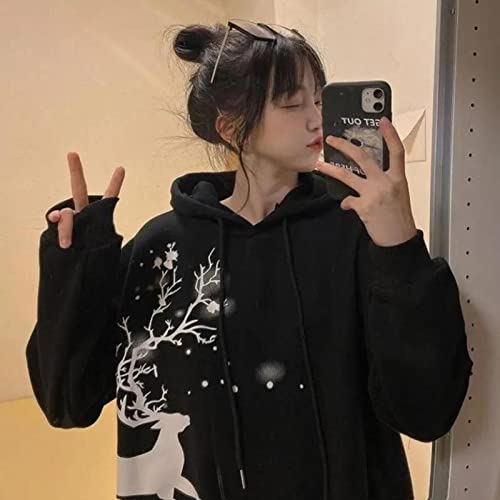 Weihnachten Sweatshirts Herbst Winter und Samt verdicken Frauen Pullover Freizeit lang Ärmel Loose Hoodie Korean Damen Outwear Top-Black,M Cover