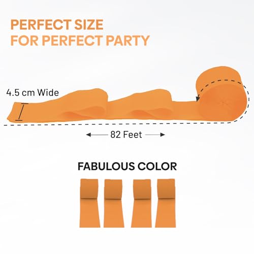 Image of 4 Orange Streamers, 382ft Pack of Crepe Paper Party Decorations | Each roll is 82 ft long and 1.8 Inch wide ideal for Birthday Party Decor, Baby showers and Cultural Parties