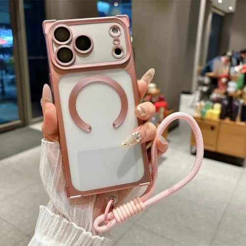 Coque iPhone 16 mate finition galvanisée premium avec cordon rose de luxe