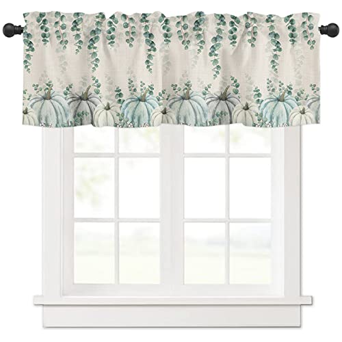 Fall Eucalyptus Leaves Valance Curtains for Window, Thanksgiving Pumpkin Window Treatment for Kitchen, Bathroom, Bedroom, Autumn Watercolor Botanical Rod Pocket Short Autumn Curtain 1 Panel, 54x18 in