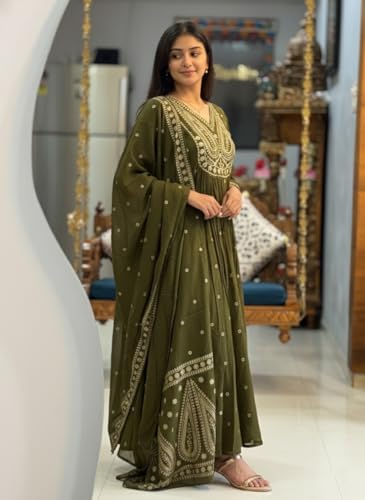 Image of ANNI Designer Women's Rayon Viscose Printed Embroidered Anarkali Kurta with Pant & Dupatta | Ethnic Kurti Set with Embroidery | Soft Comfortable Fabric | Stylish Outfit for Festive, Office