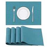H.VERSAILTEX Linen Placemats Set of 4 Premium Solid Table Placemats for Dining Table Spill-Proof Waterproof Table Mats Heat-Resistant Kitchen Table Mats Washable, 12x18 inches, Teal