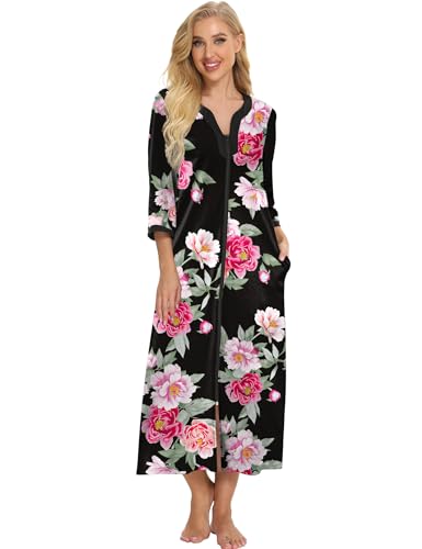 Image of Bloggerlove House Dresses for Women Zip Up Robes Soft Cotton Nightgown Half Sleeve House Coat Long Night Gowns Sleepwear