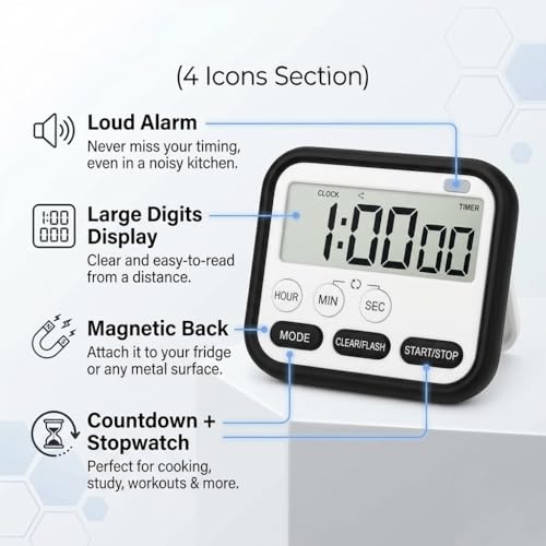 Image of Digital Kitchen Timer & Stopwatch with Loud Alarm | Large Display Countdown Timer | Magnetic Stand | Mechanical Cooking Timer Clock for Kitchen, Study, Workout (Black)