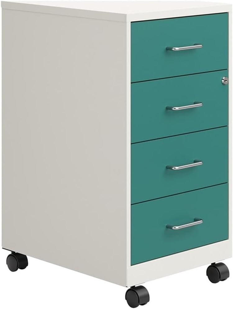 BOWERY HILL 18" D 4 Drawer Metal Mobile Organizer, Locking Design, Pearl White and Teal Finish, Durable Painted Steel, Smooth Glide Suspension, Compact Filing Cabinet with Casters for Home or Office