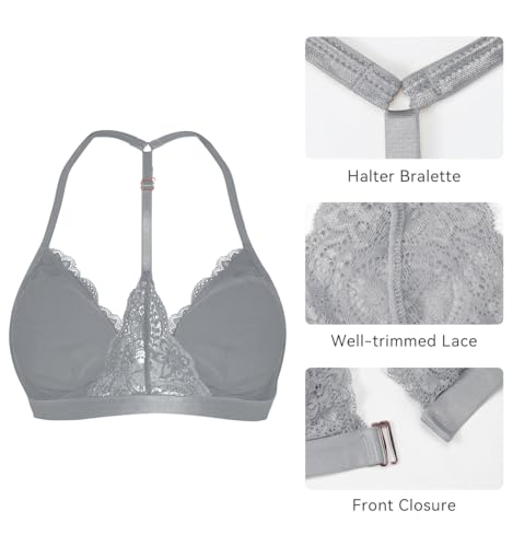 Image of SHEKINI Women's Embroidered Triangle Bra Front Closure Plunge Wireless Lightly Lined Lace Bralette Top