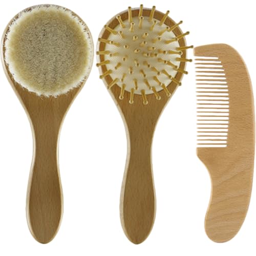 HEMOTON Juego de Cepillo de Lana Natural para Ñiño 3 Piezas Peine de Madera para Recién Nacido Cuidado Delicado del Cuero Cabelludo Kit de Cepillo y Peine para Pequeños