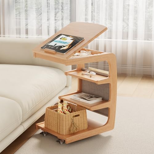 Mangowood 天然木製 サイドテーブル ソファ横 おしゃれ - 無垢材 ソファーテーブル 木製 無垢家具 ベッドサイドテーブル 頑丈 | 四段シェルフ | キャスター付き | オイル仕上げ 木目 | BJ014