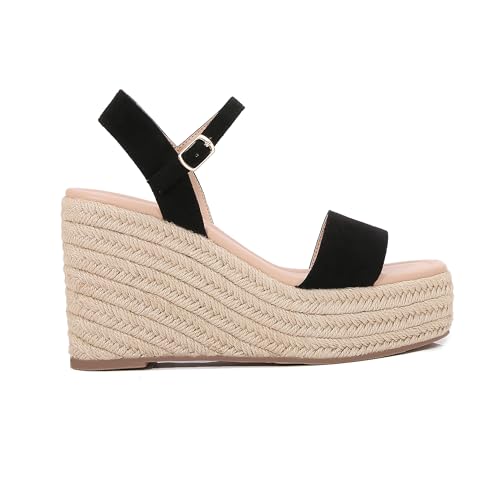 Paiyonan Women's Raffia Strap Espadrille Wedge Sandals - Ankle Buckle Platform Wedges Open Toe Summer Beach Casual Shoes (Black, US Footwear Size System, Adult, Women, Numeric, Medium, 9.5) — view 5