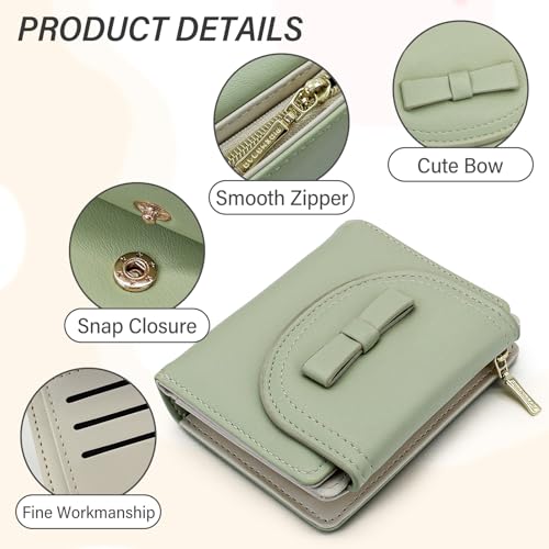 Women Wallet, PU Leather Bifold Wallet, Cute Bow Tie Small Wallet with Zipper Pocket Multi Card slots ID Window (Green)3