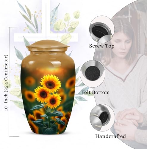 Image of Yellow Sunflower Urns for Human Ashes Male - Burial Urns for Ashes for Women - Large Urn Sunflower for Human Adult Mom and Dad - Large Cremation Urn for Mother and Father 10inch