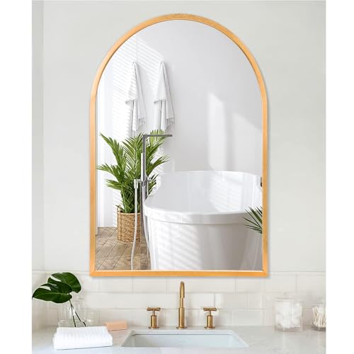 Image of Arched Wall-Mounted Mirror Gold Arch Mirror Aluminum Alloy Frame Bathroom Mirror for Vanity Living Room, Bedroom, and Entryway 28 inchx20 inch