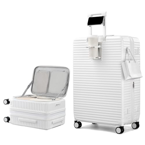 Hard Shell Expandable Luggage Sets 2 Piece with Spinner Wheels Cup Holder, Top Opening Lightweight Luggage Rolling Suitcase with Lock, Carry On And Checked Luggage Set 2 Piece (White, 20/28)