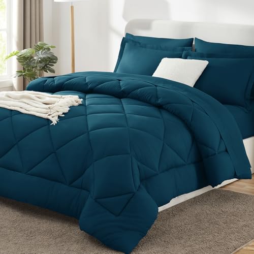 Image of CozyLux Queen Comforter Set Lyons Blue - Bed in a Bag Queen Size 7 Pieces, Luxury Soft Bed Set for All Seasons, Bedding Set with Down Alternative Comforter, Sheets, Pillowcases & Shams