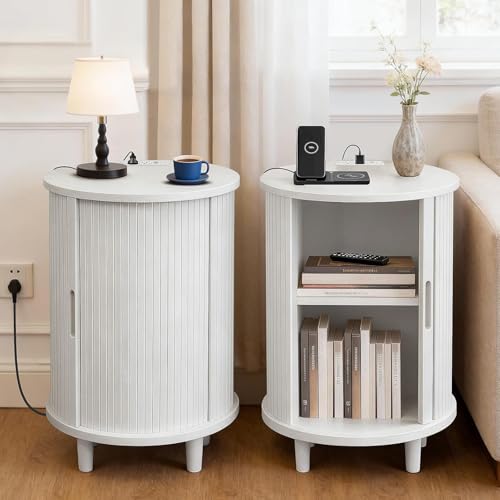 Image of DHH Round End Table with Storage & Charging Station, Fluted Accent Side Table with Sliding Door & Adjustable Shelf, Mid-Century Nightstand for Small Spaces, Living Room, Bedroom(Grayish White)