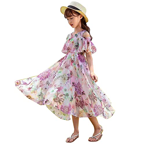 BILIKEYU Girls Floral Chiffon Dress Prints Short Sleeve Off Shoulder High Waist Flared A-line Flowy Casual2