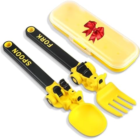 Construction Utensils for Toddlers - Toddler Forks and Spoons - Toddler Spoon and Fork Set - for Kids Utensils - Baby Utensils - Portable Utensil Set for 1 2 3 4 5 years old - Yellow Cover