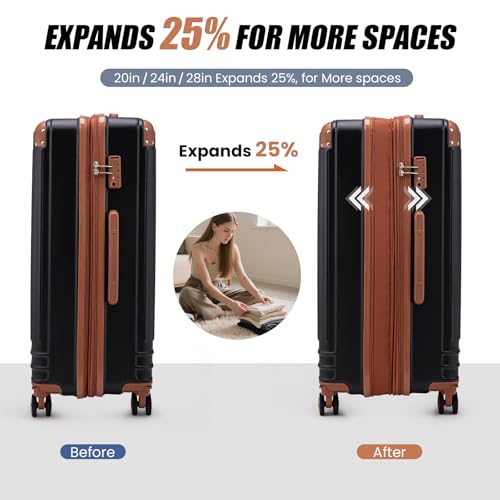 KUNEL Expandable 5 Piece Luggage Sets with Detachable Spinner Wheels and TSA Lock, Unisex Hardside ABS Suitcase Set, Hardshell Lightweight Waterproof Travel Hard Case Suitcases with Wheels, Black