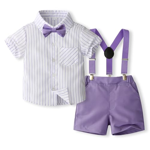 Toddler Baby Boy Clothes Suit Dress Clothes Bowtie Stripe Shirts + Suspender Shorts Gentleman Outfits - Main Image