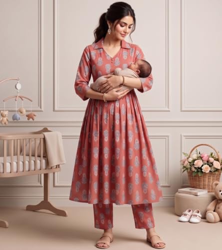 Image of DUMMY SHAPE Maternity Dresses for Women Cotton | Floral Kurta Pant Dupatta Set with Nursing Zippers, Side Pocket | Pre & Post Pregnancy | Feeding Kurti Suit | Baby Shower | Gifts for Pregnant Woman