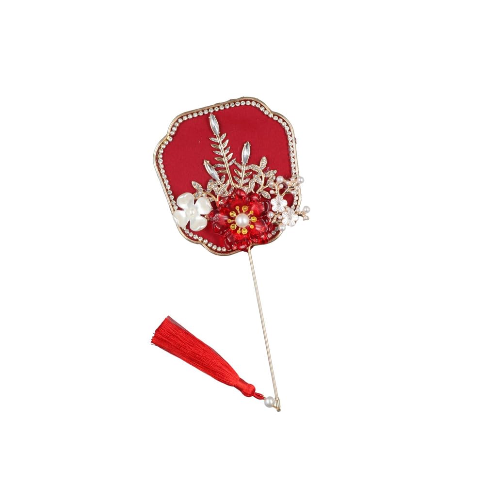 Pokinge Chinese Wedding Bridal Group Fan, Retro Bride Gold Red Circular Fan with Pendant, Flower-holding Fan, Handmade Flower Craft Photography Props(7)