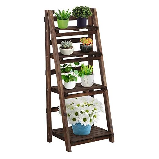Yaheetech Wooden Foldable Ladder Shelf 4-Tier Magazine Holder Book Rack Plant Stand Folding Flower Display Pot Decorative Storage Free Standing Indoors/Outdoors Rustic No Assembly Required Brown