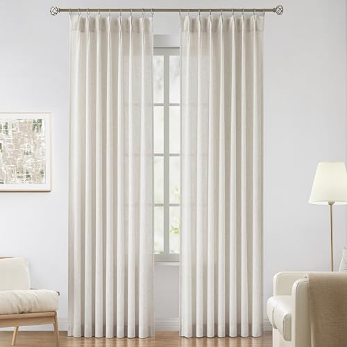 Image of Vision Home Natural Pinch Pleated Semi Sheer Curtains Textured Linen Blended Light Filtering Window Curtains 120 inch for Living Room Bedroom Pinch Pleat Drapes with Hooks 10ft 2 Panels 42 inch Wx120 L
