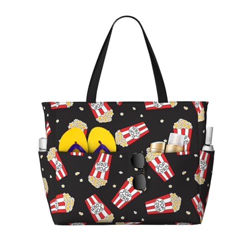 VOSERY Bolsas de playa grandes impermeables a prueba de arena, bonitas palomitas de maíz n.º 1003, bonitas bolsas de playa para mujer con cremallera