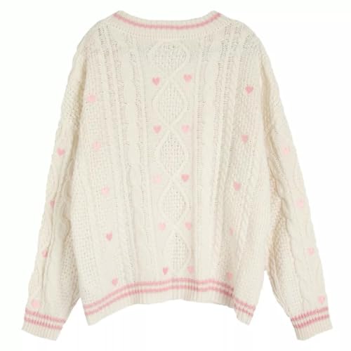 Women Knit Lover Cardigan V Neck Knitted Sweatshirt Hearts Embroidery Cute Sweaters Pink Oversized Button Down Outwear Lvory4