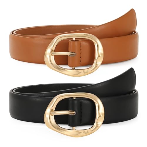 Image of TRIWORKS 2 Pack Leather Belts for Women Fashion Waist Belt with Liquid Shapes Women Belt for Jeans Pants Dresses