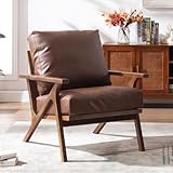 Wahson Brown Leather Accent Chair Mid Century Modern Chair, Retro Upholstered Armchair with Wood Frame and Removable PU Cushions, Large Compfy Leisure Slipper Chair for Living Room/Bedroom