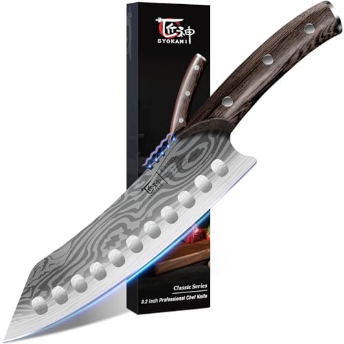 SYOKAMI Kiritsuke knife, 8.2 Inch Chef Knife, Japanese Style High Carbon Steel, Razor Sharp for Precision Cutting, Damascus Pattern, Ergonomic Full Tang Wood Handle, Birthday Wedding Cooking Gifts