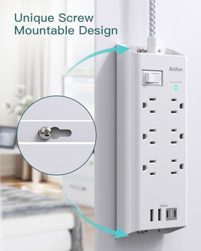 Image of Addtam Power Strip Surge Protector 6 Outlets and 3 USB Ports 5Ft Long Extension Cord, Flat Plug Overload Surge Protection Outlet Strip, Wall Mount for Home, Office and Dorm