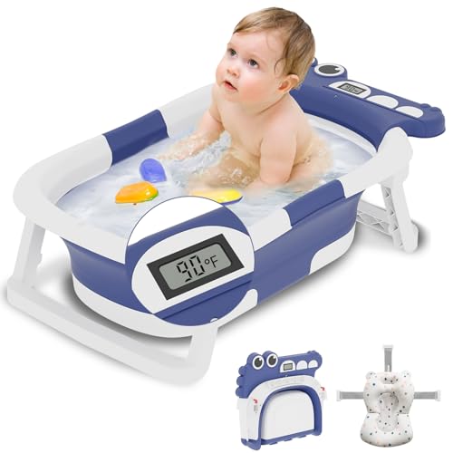 Image of napei Collapsible Baby Bathtub,Baby Bath Tub with Soft Cushion & Thermometer,Baby Bathtub Newborn to Toddler 0-24 Months,Portable Travel Baby Tub,Blue
