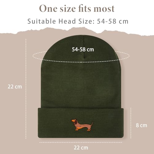 Geyoga Warme Weiche Wintermütze Winter Beanie Mütze Strickmütze mit Stickerei Kalte Mütze mit Hundestickerei Geschenk Strickmütze für Hundebesitzer(Armeegrün,Mode Dackel)