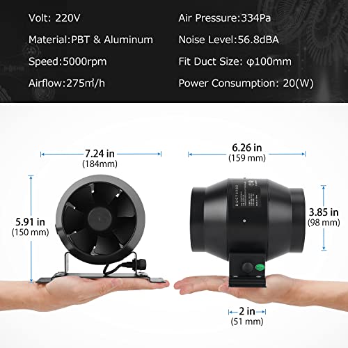 Miniatura 2 de Ducturbo Ventilador De Tubo De 100 Mm Regulable, 275 M H, Ventilador De Canal En Línea, Ideal Para Tiendas De Crecimiento, Ventilación Y Ventilador De Salida Con Regulador De Temperatura Y Humedad