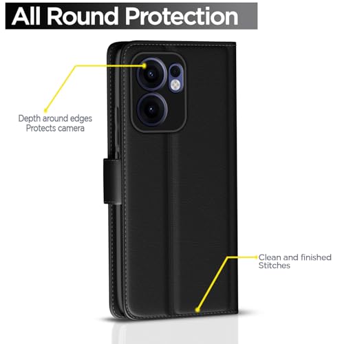Image of Pikkme Flip Cover Leather Finish | Inside TPU with Card Pockets | Wallet Stand and Shock Proof | Complete Protection Button Flip Case for Oppo Reno 13F 5G(Black)