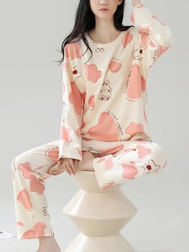 Image of GLASGO Women's Cotton Pajama Set with Top & Pants|| Korean Night Wear|| Loose Fit Home Wear || Lightweight Printed Set || Soft & Comfy Sleepwear for Girls & Women || LNS-4-$