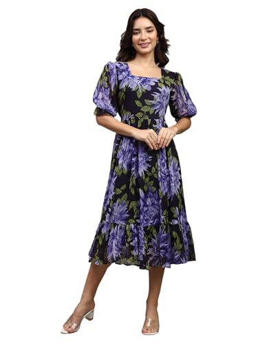 Image of Shasmi Women Women's Floral Printed Midi Dress - Puff Sleeve, Square Neck, A-Line Fit & Flare Casual Outfit